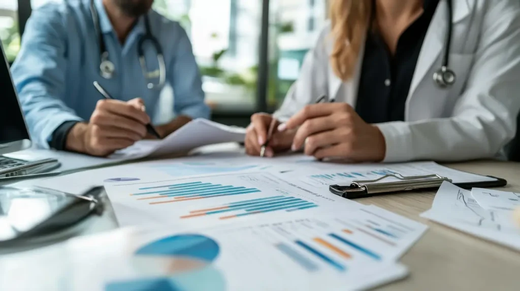 Doctors reviewing charts and planning finances with help from a Boise financial advisor