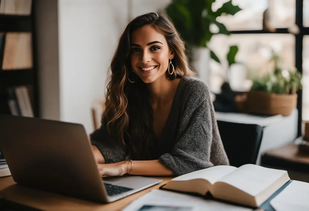 Smiling woman journaling at laptop during virtual financial planning session in Boise