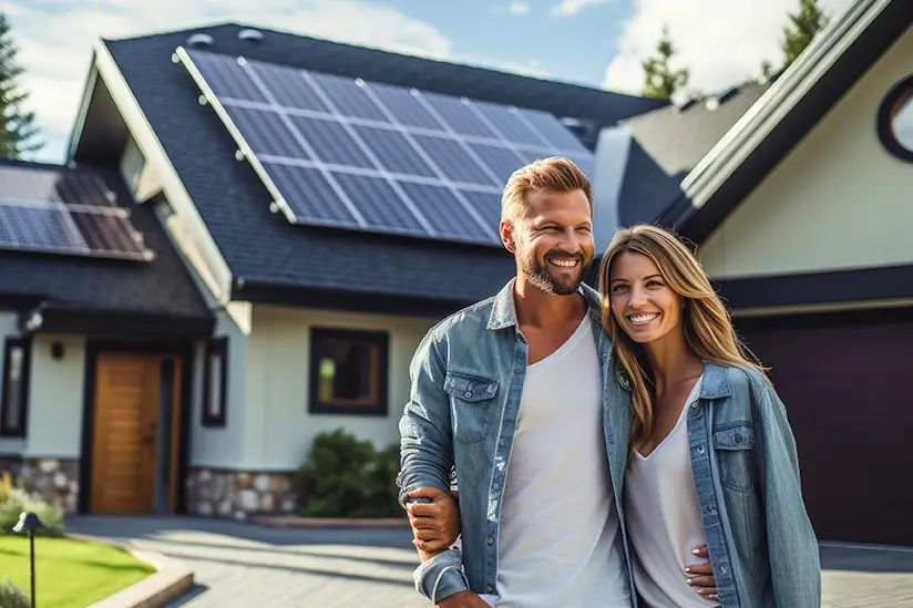 Happy couple outside modern Boise home confident in their long-term financial plan